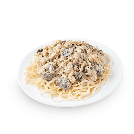 Спагетти с курицей и грибами в сливочном соусе